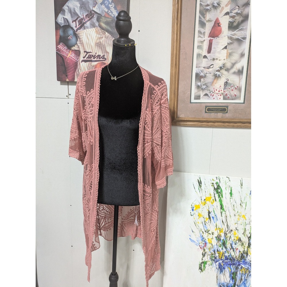 Pink Sheer Lace Longline Kimono Cardigan Embroidered Boho L-XL TT221252